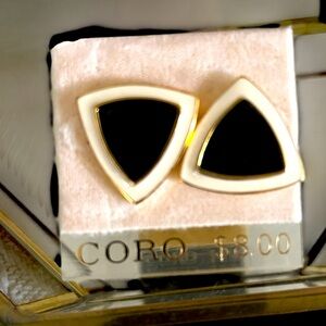 Vintage 1980 Coro Earrings Gold, cream and black Tone Black Enamel, Triangular